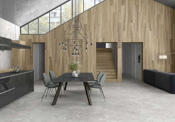Espacio de la casa con azulejos efecto madera, colección Bohars de TAU ceràmica