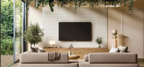 Espacio de la casa con azulejos efecto madera en tonos cálidos, colección Chevron de Aparici