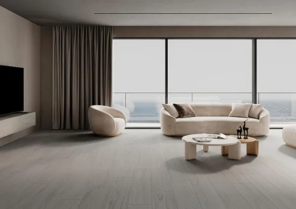 Espacio de la casa con azulejos efecto madera en tonos neutros, colección Dover de TAU ceràmica