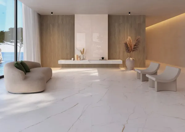 Espacio de la casa con azulejos efecto madera en tonos cálidos, colección Eden de Museum