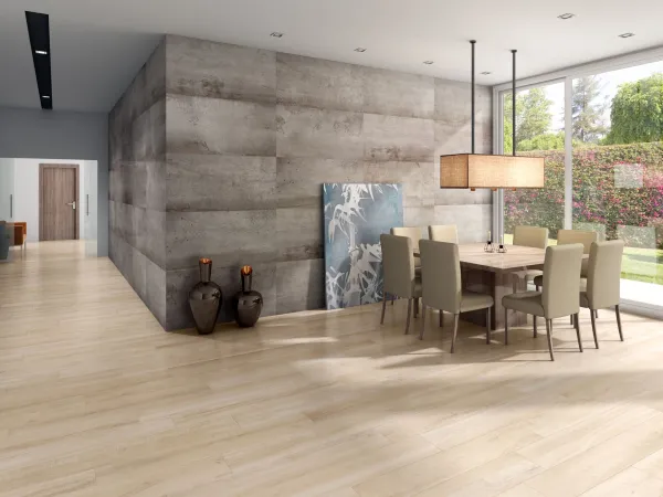Espacio de la casa con azulejos efecto madera en tonos cálidos, colección Eternal de TAU ceràmica