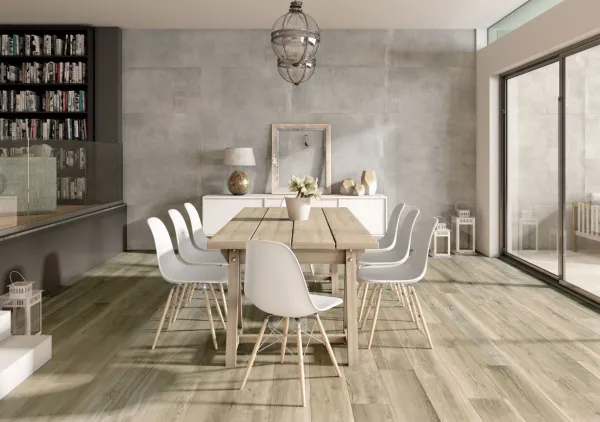 Espacio de la casa con azulejos efecto madera en tonos cálidos, colección Eternal de TAU ceràmica