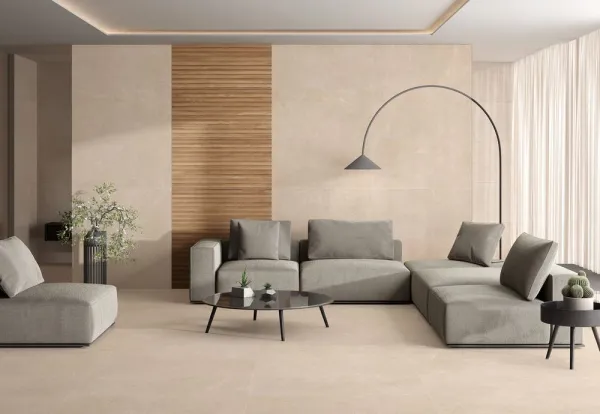 Espacio de la casa con azulejos efecto madera en tonos cálidos, colección Eternal de TAU ceràmica