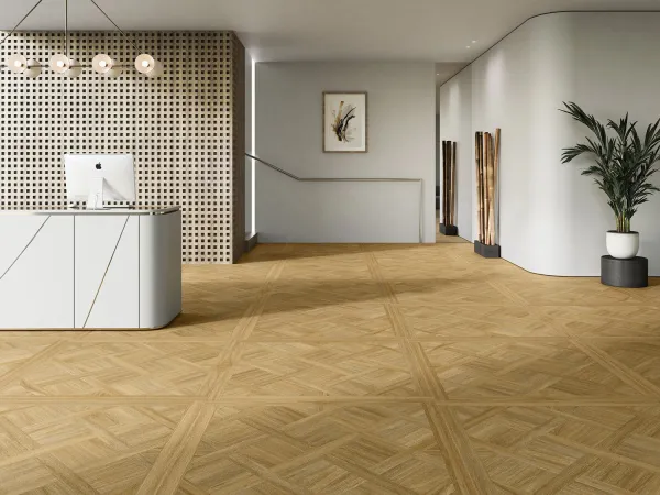 Espacio de la casa con azulejos efecto madera en tonos cálidos, colección Finlandia - islandia de New Tiles