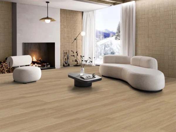 Espacio de la casa con azulejos efecto madera en tonos cálidos, colección Finlandia - islandia de New Tiles