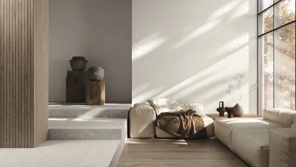 Espacio de la casa con azulejos efecto madera en tonos cálidos, colección Greystone de Ape