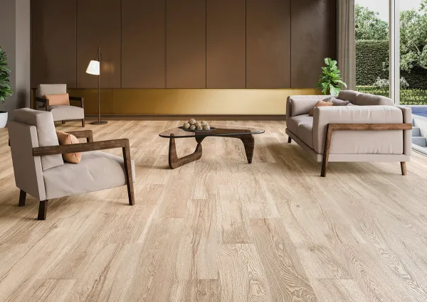Espacio de la casa con azulejos efecto madera en tonos cálidos, colección Grow de Museum