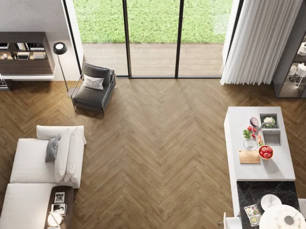Espacio de la casa con azulejos efecto madera en tonos cálidos, colección Irati de Durstone