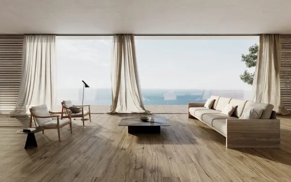 Espacio de la casa con azulejos efecto madera en tonos cálidos, colección Jackson de Peronda