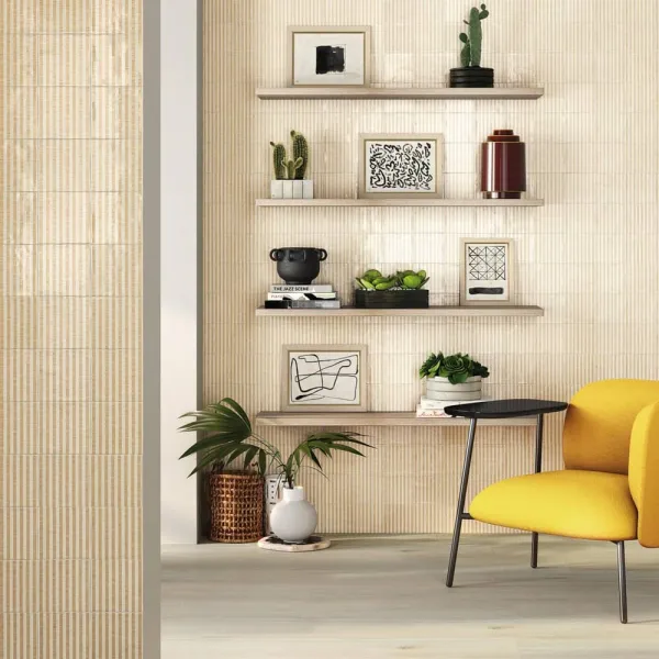 Espacio de la casa con azulejos efecto madera en tonos cálidos, colección Lignum de Vives