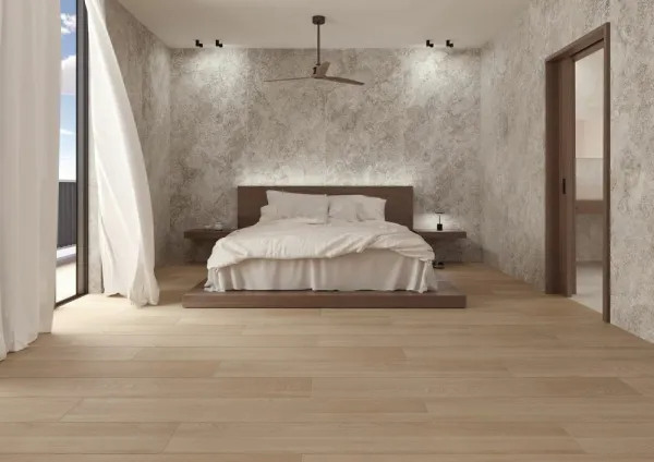 Espacio de la casa con azulejos efecto madera en tonos cálidos, colección Linen de Museum