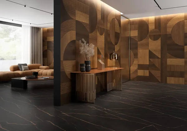 Espacio de la casa con azulejos efecto madera en tonos cálidos, colección Mayfair de Arklam