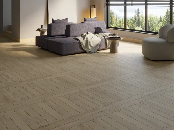 Espacio de la casa con azulejos efecto madera en tonos cálidos, colección Michigan de Durstone