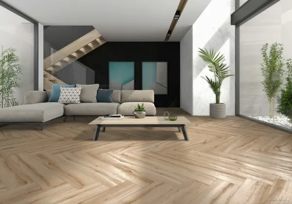 Espacio de la casa con azulejos efecto madera, colección Milena de Argenta