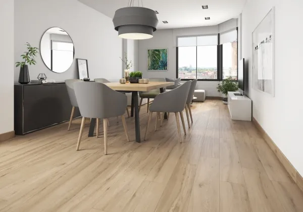 Espacio de la casa con azulejos efecto madera en tonos cálidos, colección Milena de Argenta
