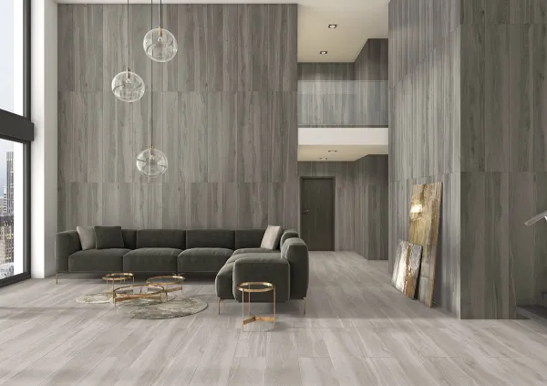 Espacio de la casa con azulejos efecto madera en tonos neutros, colección Origin de TAU ceràmica