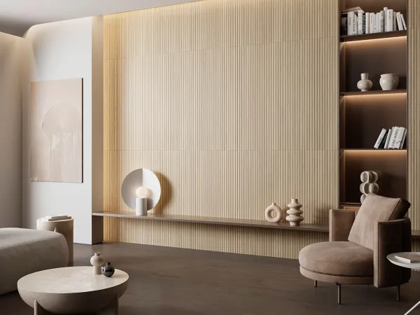 Espacio de la casa con azulejos efecto madera en tonos cálidos, colección Osaka de Durstone