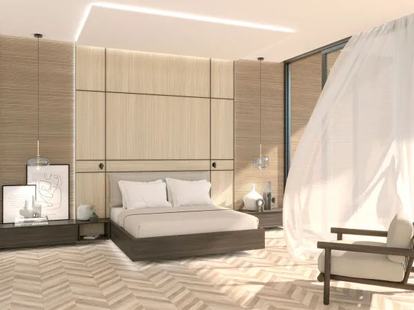 Espacio de la casa con azulejos efecto madera en tonos cálidos, colección Osaka de Durstone