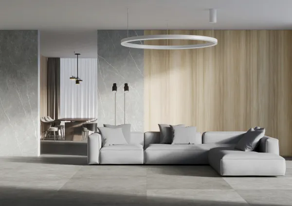 Espacio de la casa con azulejos efecto madera en tonos neutros, colección Pirineo de TAU ceràmica