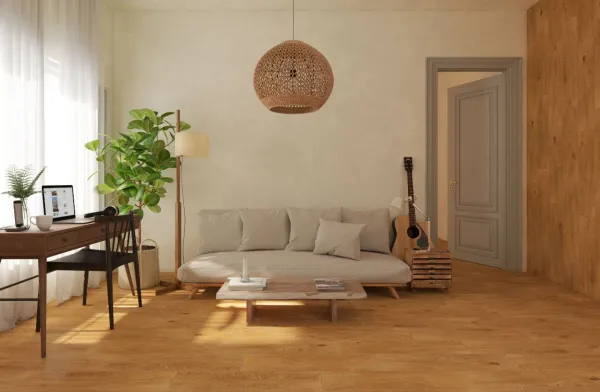 Espacio de la casa con azulejos efecto madera en tonos cálidos, colección Ragusa de TAU ceràmica