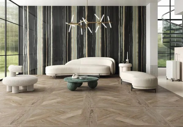 Espacio de la casa con azulejos efecto madera, colección Rennes de TAU ceràmica