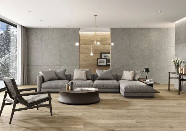 Espacio de la casa con azulejos efecto madera en tonos cálidos, colección Roadstone de TAU ceràmica