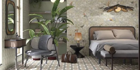 Espacio de la casa con azulejos efecto madera, colección Stravaganza de Vives