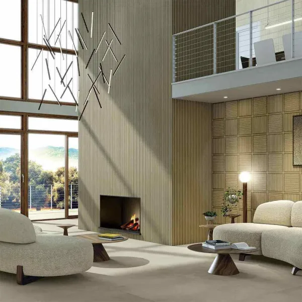Espacio de la casa con azulejos efecto madera en tonos cálidos, colección Tandem wood de Vives