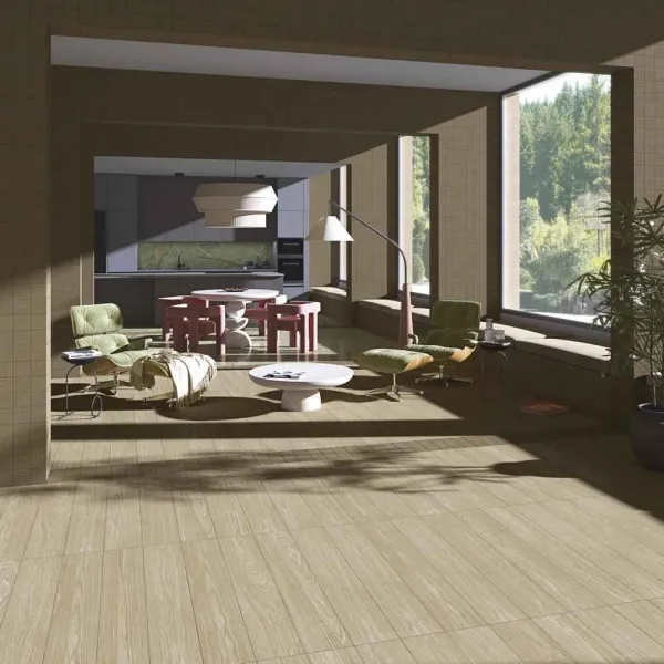 Espacio de la casa con azulejos efecto madera en tonos cálidos, colección Tandem wood de Vives