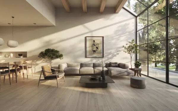 Espacio de la casa con azulejos efecto madera en tonos cálidos, colección Taos de Peronda
