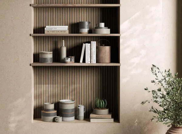 Espacio de la casa con azulejos efecto madera en tonos cálidos, colección Tokyo de Durstone
