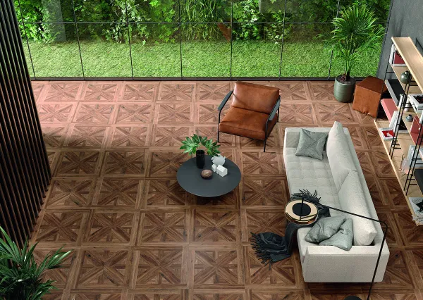 Espacio de la casa con azulejos efecto madera en tonos cálidos, colección Volte de STN