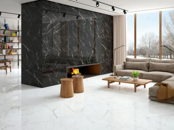 Espacio de la casa con azulejos efecto mármol en tonos neutros, colección Agata de Durstone