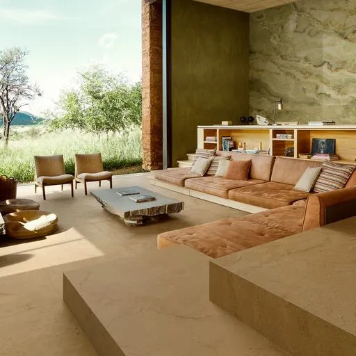 Espacio de la casa con azulejos efecto mármol en tonos cálidos, colección Allmarble de Marazzi