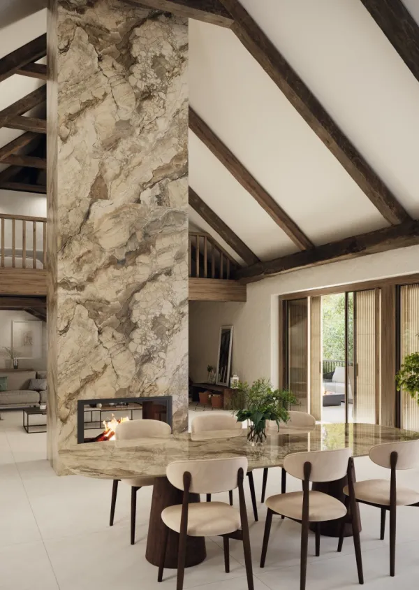 Espacio de la casa con azulejos efecto mármol en tonos cálidos, colección Ankara de Grespania