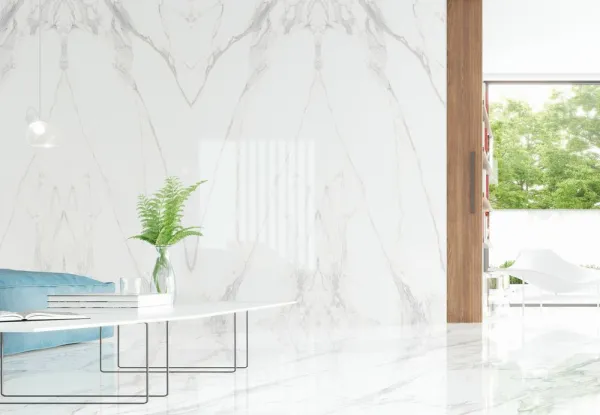 Espacio de la casa con azulejos efecto mármol en tonos neutros, colección Calacatta 4d de Museum