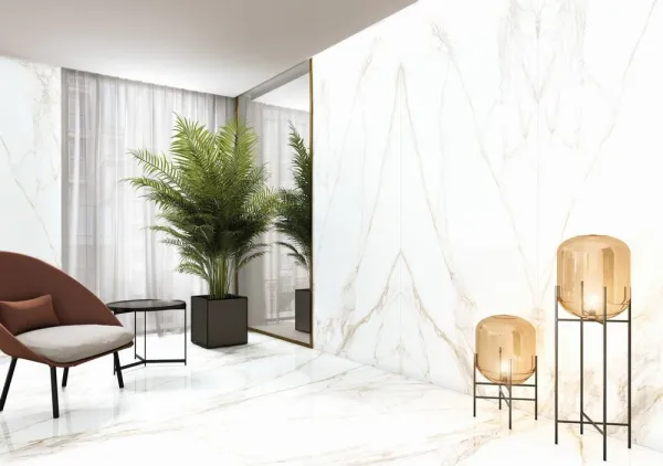 Espacio de la casa con azulejos efecto mármol, colección Calacatta 4d de Museum