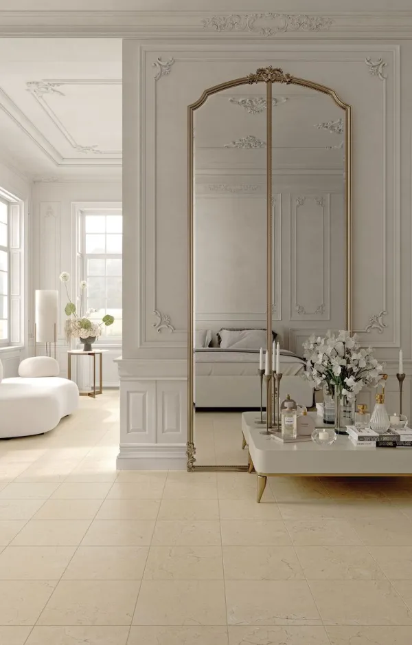 Espacio de la casa con azulejos efecto mármol en tonos cálidos, colección Classic marbles de Ribesalbes
