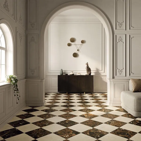 Espacio de la casa con azulejos efecto mármol en tonos cálidos, colección Classic marbles de Ribesalbes