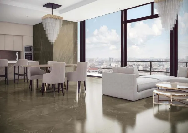Espacio de la casa con azulejos efecto mármol, colección Crotone de TAU ceràmica
