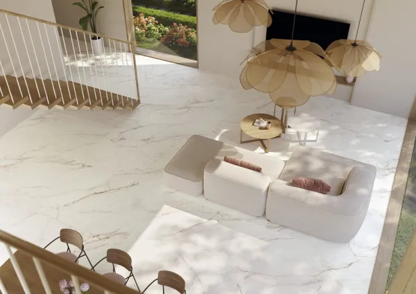 Espacio de la casa con azulejos efecto mármol en tonos cálidos, colección Dahlia de Museum