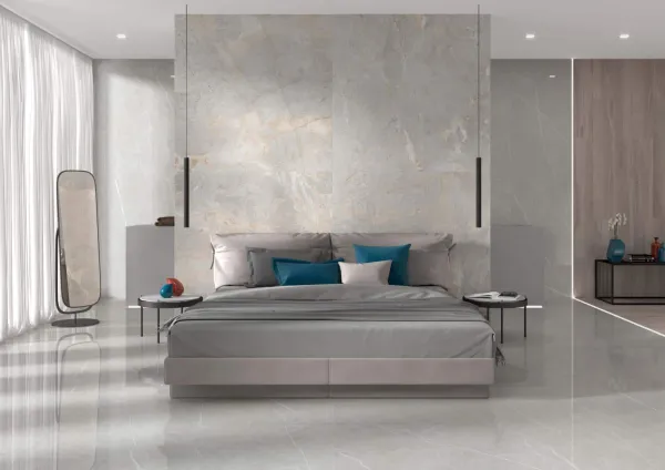 Espacio de la casa con azulejos efecto mármol en tonos neutros, colección Elite de TAU ceràmica