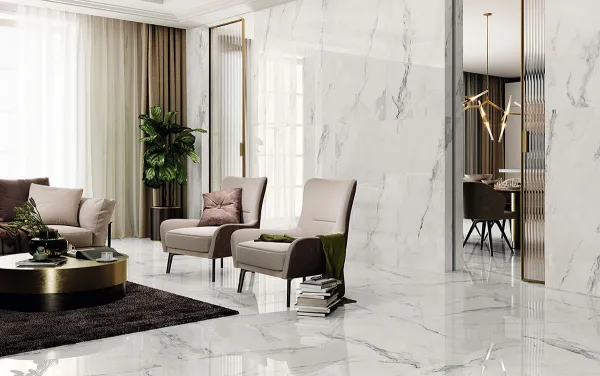 Espacio de la casa con azulejos efecto mármol en tonos neutros, colección Insignia de Colorker