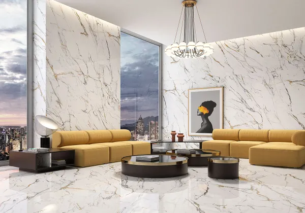Espacio de la casa con azulejos efecto mármol, colección Oikos de Geotiles