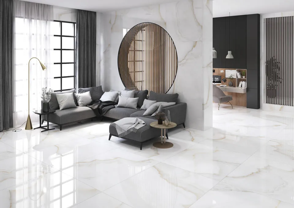 Espacio de la casa con azulejos efecto mármol en tonos neutros, colección Onice beige de Magnífica