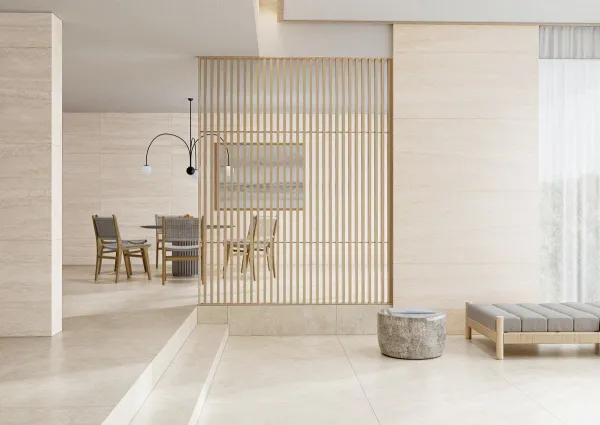 Espacio de la casa con azulejos efecto mármol en tonos cálidos, colección Travertino de TAU ceràmica