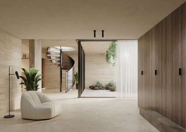 Espacio de la casa con azulejos efecto mármol en tonos cálidos, colección Travertino de TAU ceràmica
