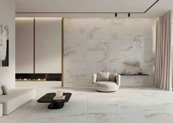 Espacio de la casa con azulejos efecto mármol en tonos neutros, colección Vermont de Durstone