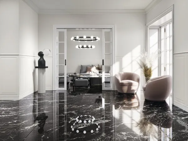 Espacio de la casa con azulejos efecto monocolor en tonos neutros, colección Bellagio de Ape