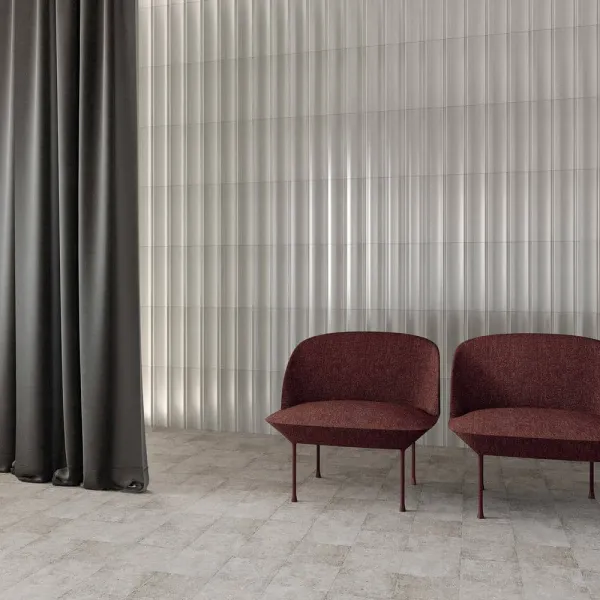 Espacio de la casa con azulejos efecto monocolor, colección Bow de Harmony